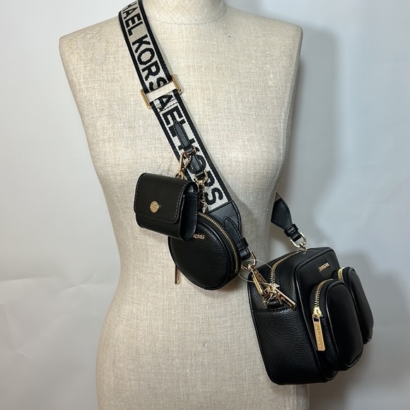 Michael Kors leather Jet Set travel crossbody black tech pocket pouches AirPods - Picture 2 of 12